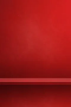 Empty shelf on a red wall. Background template. Vertical backdrop Stock Photos