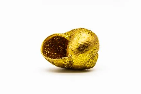 Empty shell of a snail in the gold glitter against white background. Snail sh Stock Photos