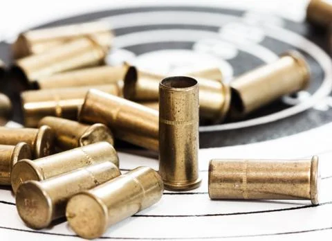 Empty shells of small-bore rifle Stock Photos