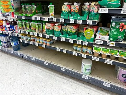 Empty shelves with baby formula inside of local Safeway Store due to shortage Stock Photos