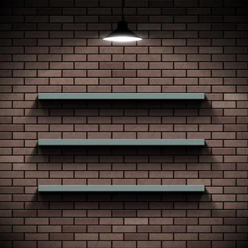 Empty shelves on a background of a brick wall. Illuminated by la Stock-Illustration