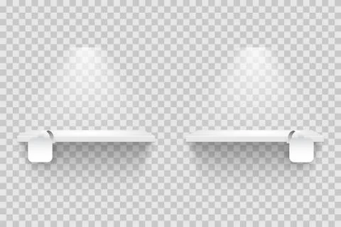 Empty shelves with blank white square tags isolated on transparent backdrop Stock Illustration