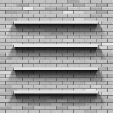 Empty shelves on a brick wall. Template background. Stock-Illustration