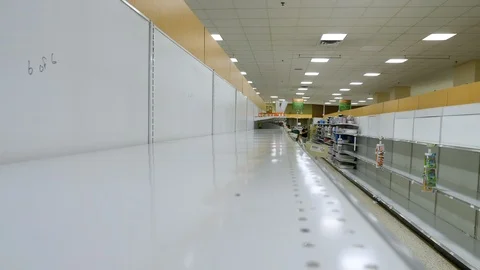 Empty shelves at grocery store in USA. Sold out goods due to covid coronavirus Stock Footage