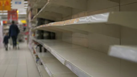 Empty shelves in store. Supermarket with empty shelves for goods Stock Footage