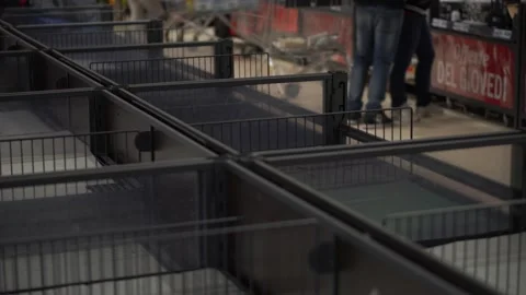 Empty Shelves Of A Supermarket Stock Footage 149984878