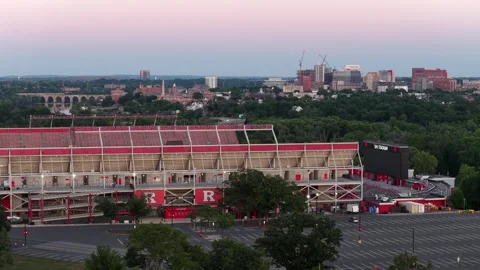 Empty SHI Stadium with red R logos sits in New Brunswick, New Jersey, downtown Stock Footage 340969880