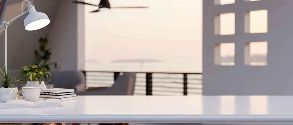 Empty shiny white table with the blurred background of a terrace with scene.. Stock Illustration