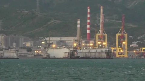 Empty Shipyard With Gray Buildings and Warehouses Stock Footage 64591325