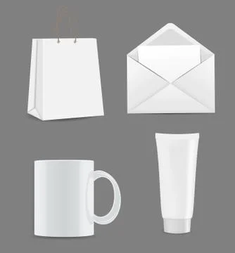 Empty Shopping Bag, Envelope and Cup for Advertising and Brandin 스톡 일러스트