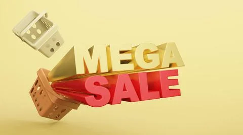 Empty shopping basket plastic  shop with wording mega sale 3d rendering Stock Illustration