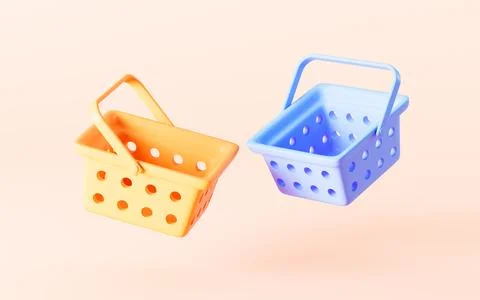 Empty shopping baskets in the yellow background, 3d rendering. Stock Illustration