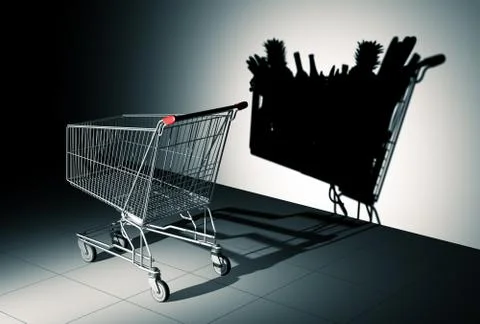 Empty Shopping Cart Cast Shadow On The Wall As Shopping Cart Full Of Food Illustrazione stock