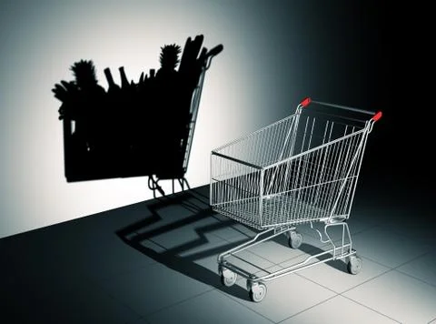 Empty Shopping Cart Cast Shadow On The Wall As Full Shopping Cart Illustrazione stock