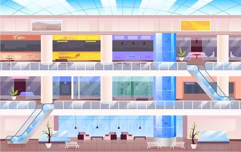 Empty shopping mall flat color vector illustration Stock Illustration