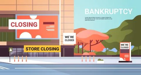 Empty shopping mall with store closing sign coronavirus pandemic quarantine Stock Illustration