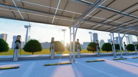 Empty shot of electric vehicle charging pile parking shed Stockbeeldmateriaal 288173649