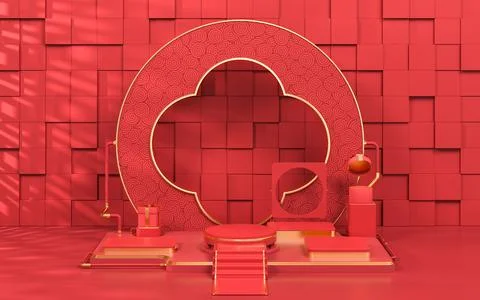Empty showcase stage, Chinese style, 3d rendering. Stock Illustration