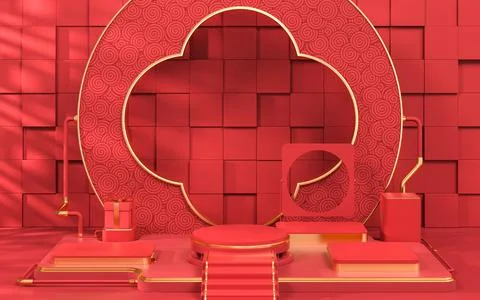 Empty showcase stage, Chinese style, 3d rendering. Stock Illustration