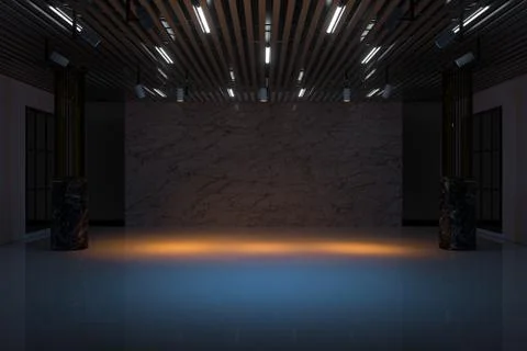 The empty showroom with glowing lights, 3d rendering. 스톡 일러스트