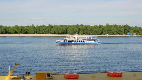 Empty sightseeing boat on river Dnipro in Kyiv, Ukraine - Editorial, 4K Stock Footage 181815663