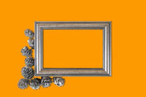 Empty silver frame with pine cones isolated on orange background Stock Photos