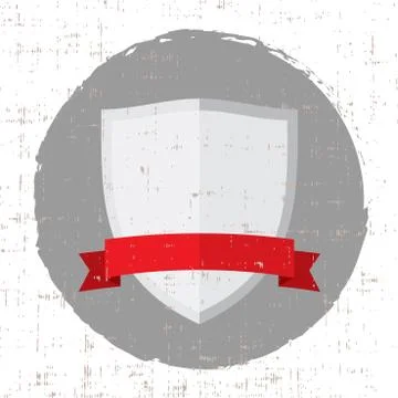 Empty silver shield icon with red banner and grunge screen texture Stock Illustration