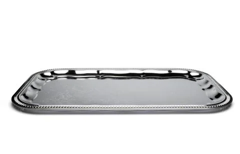 Empty silver tray isolated on white background Stock Photos