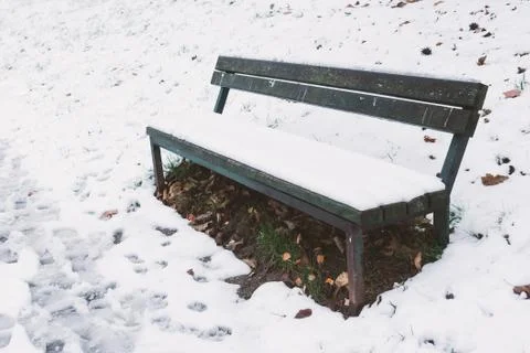 Empty single bench with nobody at cold winter day Stock Photos