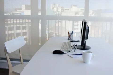 An empty single working  desk in home office Stock Photos