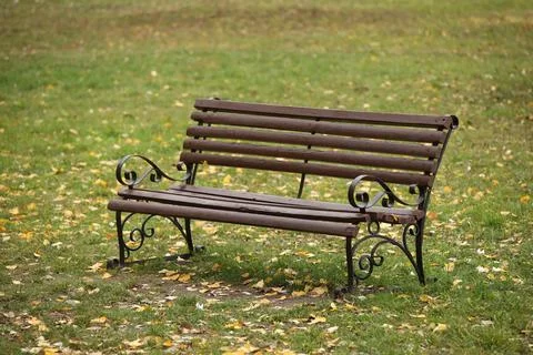 An empty sitting bench stands on the lawn in an autumn park. A place to res.. Stock Photos