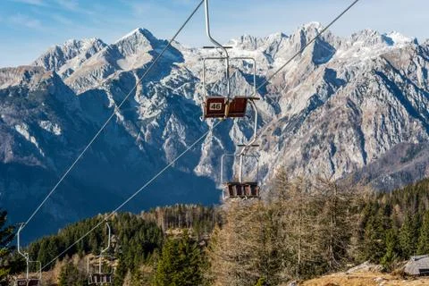 Empty ski lifts waiting for first snow Stock Photos