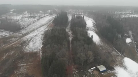 Empty Ski Resort Center, First Snow, Aerial Reveal Stock Footage 147730261