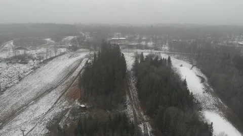 Empty Ski Resort, First Snow Winter Forest Landscape, Pull Back Aerial Stock Footage 147666142