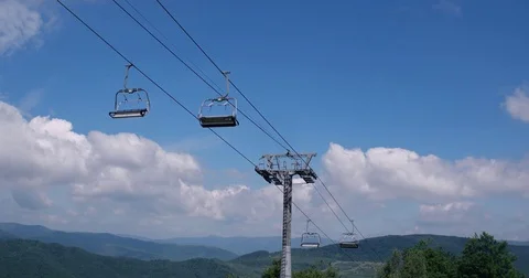 Empty ski resort in summer underneath ski lifts at top of mountain at summer Stock Footage 85362839