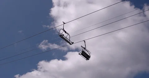 Empty ski resort in summer underneath ski lifts at top of mountain at summer Stock Footage 85363080