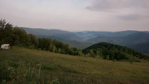 Empty ski resort in summer underneath ski lifts at top of mountain at summer Stock Footage 85443538