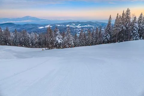 Empty ski slope in the forest at dawn, Romania Stock Photos