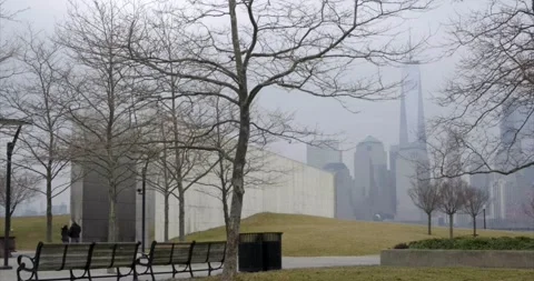 Empty Sky Memorial with NYC downtown cityscape behind, Jersey City, NJ. 4K Stock Footage 147566285
