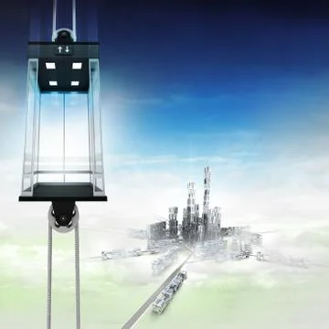 Empty sky space elevator concept above city illustration Illustrazione stock