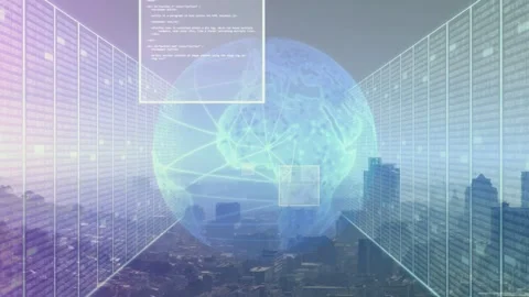 Empty skyline starting holo globe fading in wireframe racks expanding UI panes Stock Footage 333351455