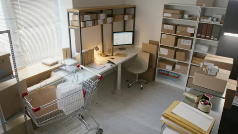 Empty Small Business Packaging Station with Shipping Boxes Stock Footage 346050622
