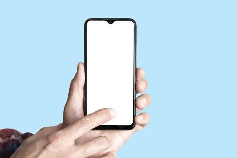 Empty smartphone in hand on colored blue banner background. Mockup phone with Stock Photos