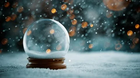 Empty Snow Globe On Wooden Base With Falling Snow And Golden Bokeh Lights Stock Illustration