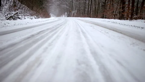Empty Snowy Road in the Middle of the Forest Stock Footage 148489612