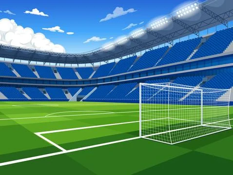 Empty Soccer Stadium with Goal Post and Blue Seats Illustration Иллюстрация