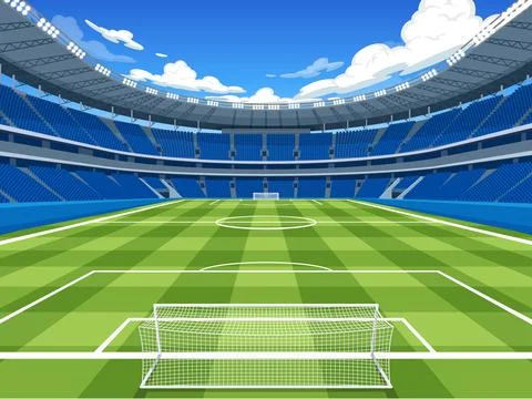 Empty Soccer Stadium with Green Grass Field and Blue Seats Stock Illustration