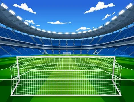 Empty Soccer Stadium Vector Illustration with Goal Post and Floodlights Stock Illustration