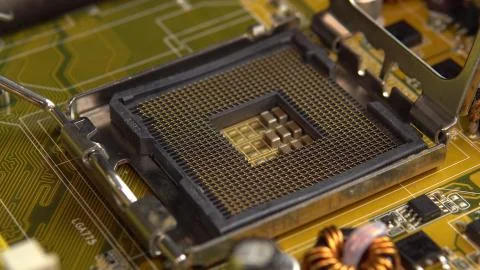 Empty socket for the central processor on the motherboard. The processing system Stock Photos