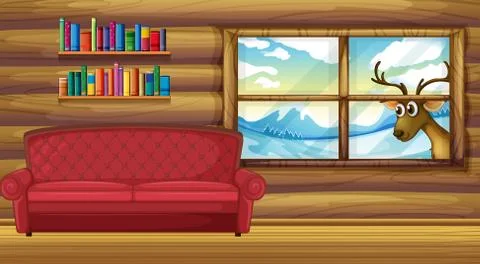 An empty sofa with bookshelves at the back Illustrazione stock
